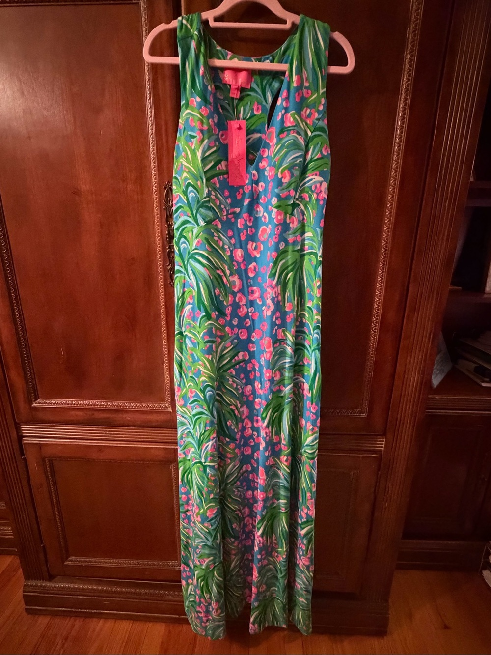 NWT Lilly Pulitzer tropical Print Maxi Dress in Blue & Green with Pink Accents